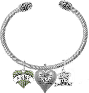Army, My Soldier, God Has You in His Arms and I Have You in My Heart, Adjustable Bracelet, Hypoallergenic Safe, No Nickel, Lead, Or Poisonous Cadmium.
