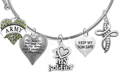 Army, My Soldier, God Has You in His Arms and I Have You in My Heart, Genuine Crystal Cross, Adjustable Bracelet, Hypoallergenic Safe, No Nickel, Lead, Or Poisonous Cadmium