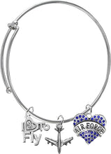 Air Force I Love to Fly Genuine Crystal, Licensed Air Force Charm, and Jet Plane, Adjustable Miracle Wire Bracelet, Hypoallergenic, Safe-Nickel, Lead, Cadmium Free