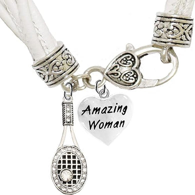 Tennis, Genuine Crystal, Amazing Woman Heart, Hypoallergenic White Leather Bracelet, Safe-Nickel, Lead, and Cadmium Free!