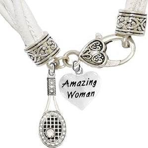 Tennis, Genuine Crystal, Amazing Woman Heart, Hypoallergenic White Leather Bracelet, Safe-Nickel, Lead, and Cadmium Free!