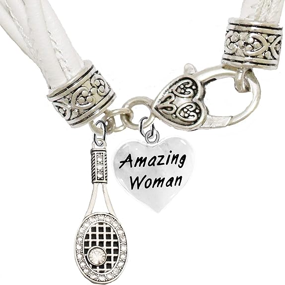 Tennis, Genuine Crystal, Amazing Woman Heart, Hypoallergenic White Leather Bracelet, Safe-Nickel, Lead, and Cadmium Free!