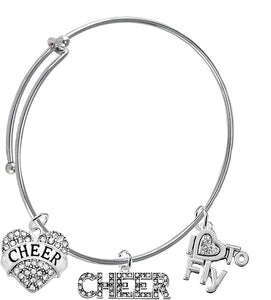 Cheer Crystal Heart, Crystal Cheer, Crystal I Love to Fly, Adjustable Miracle Wire Cheerleader Bracelet, Hypoallergenic, Nickel, Lead, and Cadmium Free
