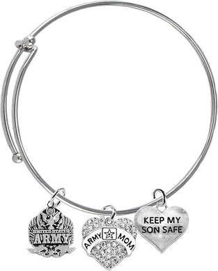 Army, Army Mom Crystal Charm, Keep My Son Safe Adjustable Miracle Wire Bracelet, Hypoallergenic, Safe-No Nickel, No Lead and No Poisonous Cadmium
