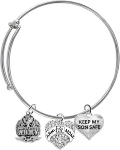 Army, Army Mom Crystal Charm, Keep My Son Safe Adjustable Miracle Wire Bracelet, Hypoallergenic, Safe-No Nickel, No Lead and No Poisonous Cadmium