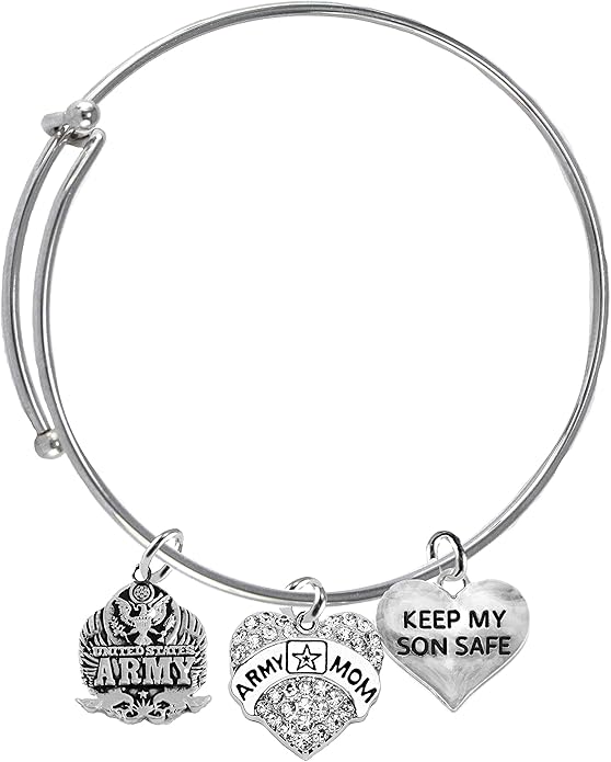 Army, Army Mom Crystal Charm, Keep My Son Safe Adjustable Miracle Wire Bracelet, Hypoallergenic, Safe-No Nickel, No Lead and No Poisonous Cadmium