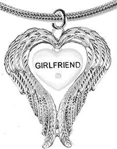 Guardian Angel, Heart (Love) Shaped Wings, Girlfriend Crystal Necklace, Adjustable, Hypoallergenic, Safe-Nickel, Lead, Free