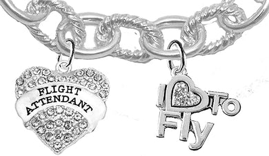 Flight Attendant, I Love to Fly, Hypoallergenic Genuine Crystal, Cable Chain Charm Bracelet, Nickel, Lead, and Cadmium Free