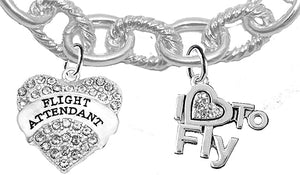 Flight Attendant, I Love to Fly, Hypoallergenic Genuine Crystal, Cable Chain Charm Bracelet, Nickel, Lead, and Cadmium Free