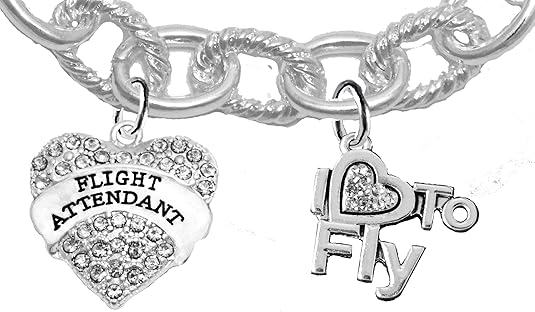 Flight Attendant, I Love to Fly, Hypoallergenic Genuine Crystal, Cable Chain Charm Bracelet, Nickel, Lead, and Cadmium Free