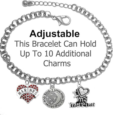 Marine, I Love You to The Moon and Back, Crystal I Love My Marine, Adjustable Rolo Chain Bracelet, Hypoallergenic, Safe-Nickel, Lead, Cadmium Free
