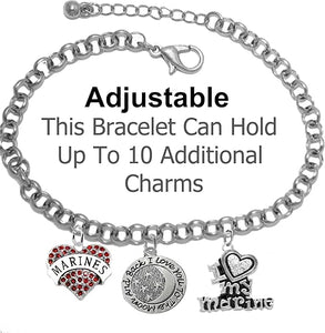 Marine, I Love You to The Moon and Back, Crystal I Love My Marine, Adjustable Rolo Chain Bracelet, Hypoallergenic, Safe-Nickel, Lead, Cadmium Free