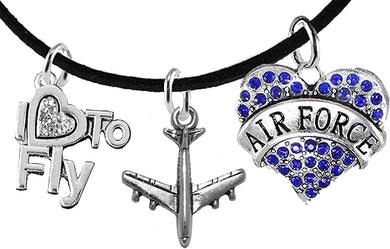 Air Force I Love to Fly Genuine Crystal, Licensed Air Force Charm, and Jet Plane, Adjustable, Black Suede Bracelet, Hypoallergenic, Safe-Nickel, Lead, Cadmium Free