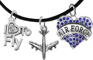 Air Force I Love to Fly Genuine Crystal, Licensed Air Force Charm, and Jet Plane, Adjustable, Black Suede Bracelet, Hypoallergenic, Safe-Nickel, Lead, Cadmium Free