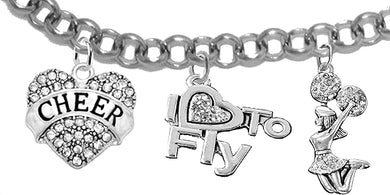 Cheer Crystal Heart, Crystal I Love To Fly, Jumping Cheerleader, Hypoallergenic, Adjustable, With 3 Inch Extender Attached, Silvertone Charm Bracelet, Nickel, Lead, And Cadmium Free