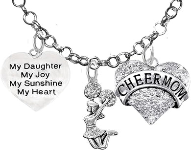 Cheer Mom, My Daughter, My Joy, My Sunshine, My Heart, Crystal Jumping Cheerleade, Hypoallergenic, Rolo Chain Charm Necklace, Nickel, Lead, and Cadmium Free