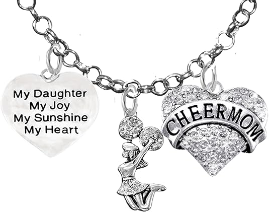 Cheer Mom, My Daughter, My Joy, My Sunshine, My Heart, Crystal Jumping Cheerleade, Hypoallergenic, Rolo Chain Charm Necklace, Nickel, Lead, and Cadmium Free