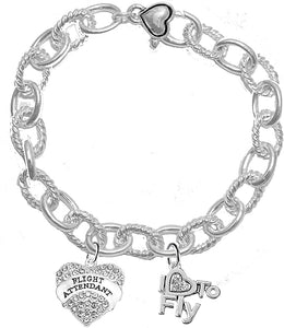 Flight Attendant, I Love to Fly, Hypoallergenic Genuine Crystal, Cable Chain Charm Bracelet, Nickel, Lead, and Cadmium Free