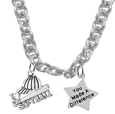 I Love Softball, You Made A Difference, Sterling Silver, Solid .925 Sterling, Not Plated Or Coated,18 Inch Necklace.Charm,Nickel,Lead Free.Fast