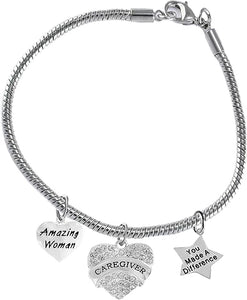 Caregiver, Nurse, RN, LPN, You Made A Difference, Amazing Women Snake Chain Bracelet, Hypoallergenic, Safe-Nickel, Lead, Free