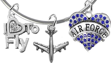 Air Force I Love to Fly Genuine Crystal, Licensed Air Force Charm, and Jet Plane, Adjustable Miracle Wire Bracelet, Hypoallergenic, Safe-Nickel, Lead, Cadmium Free