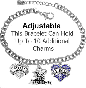 Air Force Mom, Crystal I Love My Airman, Licensed Air Force Charm, Rolo Chain Bracelet, Hypoallergenic, Safe-Nickel, Lead, Cadmium Free