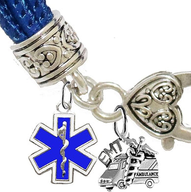 EMT Symbol, EMT Abulance, On A Blue Leather Hypoallergenic Bracelet, Nickel, Lead, and Poisonous Cadmium Free