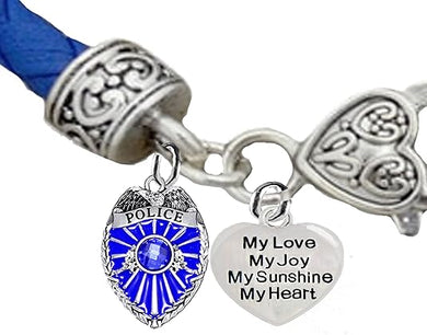 Policeman's Badge. My Daughter, My Joy, My Sunshine, My Heart, On A Blue Leather Bracelet, Hypoallergenic, Safe-No Nickel, Lead,or Cadmimum