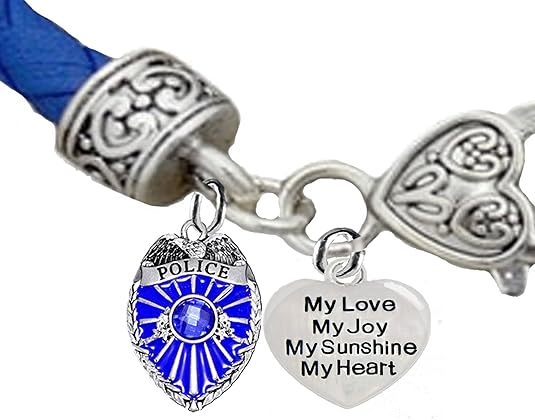 Policeman's Badge. My Daughter, My Joy, My Sunshine, My Heart, On A Blue Leather Bracelet, Hypoallergenic, Safe-No Nickel, Lead,or Cadmimum