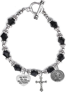 Saint Benedict Protective Charm, My Wife, My Joy, My Sunshine, My Heart, and Prayer, Protect Me from Harm, from Evil, Hypoallergenic Black Crystal Bracelet, Nickel, Lead, Cadmium Free