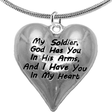 Army, My Soldier, God Has You in His Arms and I Have You in My Heart, Adjustable Snake Chain Pendant, Hypoallergenic Safe, No Nickel, Lead, Or Poisonous Cadmium in Necklace