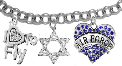 Air Force, I Love to Fly, Crystal Star of David, Adjustable Bracelet, Hypoallergenic, Safe-Nickel, Lead Free