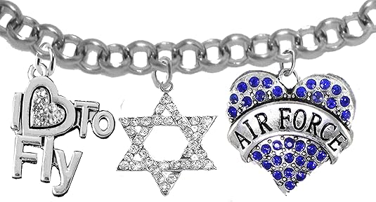 Air Force, I Love to Fly, Crystal Star of David, Adjustable Bracelet, Hypoallergenic, Safe-Nickel, Lead Free