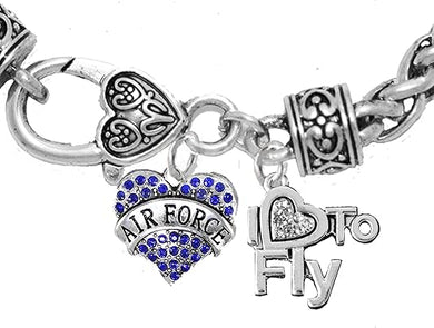 Air Force, I Love to Fly, Genuine Crystal Bracelet, Hypoallergenic, Safe-Nickel, Lead Free