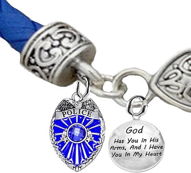 Policeman, God Has You In His Arms, And I Have You In My Heart, Blue Leather Bracelet, Hypoallergenic, Safe-No Nickel, Lead,or Cadmimum
