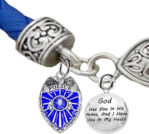 Policeman, God Has You In His Arms, And I Have You In My Heart, Blue Leather Bracelet, Hypoallergenic, Safe-No Nickel, Lead,or Cadmimum
