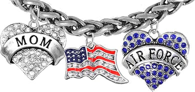 Air Force Mom, Crystal American Flag, Licensed Air Force Charm, New, Antique Wheat Chain Bracelet, Hypoallergenic, Safe-Nickel, Lead, Cadmium Free