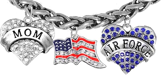 Air Force Mom, Crystal American Flag, Licensed Air Force Charm, New, Antique Wheat Chain Bracelet, Hypoallergenic, Safe-Nickel, Lead, Cadmium Free
