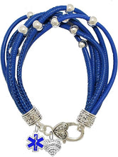 Dispatcher, Genuine Crystal Heart, EMT Symbol, On A Blue Leather Hypoallergenic Bracelet, Nickel, Lead, And Poisonous Cadmium Free