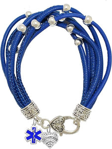 Dispatcher, Genuine Crystal Heart, EMT Symbol, On A Blue Leather Hypoallergenic Bracelet, Nickel, Lead, And Poisonous Cadmium Free
