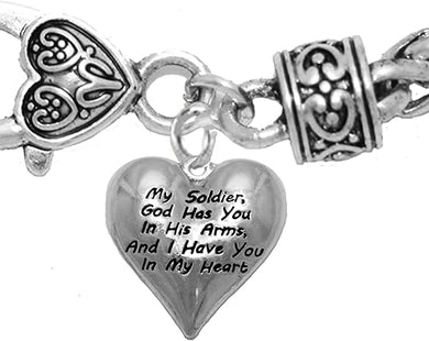 Army, God Has You in His Arms and I Have You in My Heart, Hypoallergenic Safe, No Nickel, Lead, Or Poisonous Cadmium in Bracelet