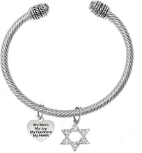 Jewish, My Mom, My Joy, My Sunshine, My Heart, On A Heart, and A Crystal Star of David, Silvertone Bracelet with Crystal Ends, Hypoallergenic, Safe-Nickel, Lead, and Cadmium Free