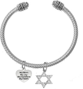 Jewish, My Mom, My Joy, My Sunshine, My Heart, On A Heart, and A Crystal Star of David, Silvertone Bracelet with Crystal Ends, Hypoallergenic, Safe-Nickel, Lead, and Cadmium Free