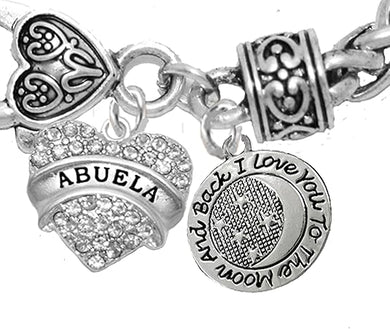 Grandma, Abuela Full Crystal Heart, I Love You To The Moon And Back On A Antique Wheat Chain Bracelet, Hypoallergenic Safe- No Nickel. Lead, Or Poisonous Cadmium