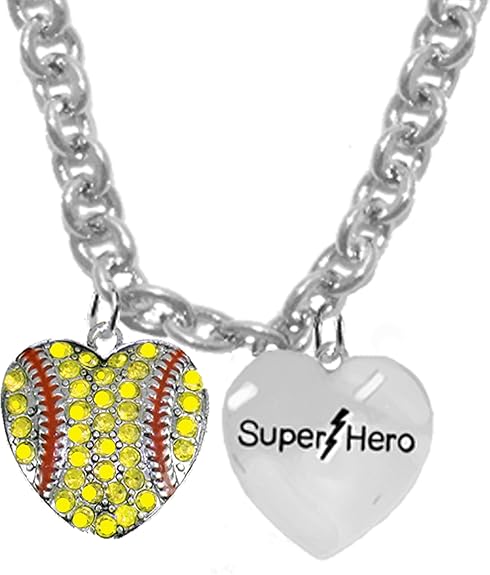 SOFTBALL HEART, SUPER HERO, She is Special, Sterling Silver, Solid .925 Sterling, Not Plated Or Coated,18 Inch Necklace.Charm,Nickel,Lead Free.Fast