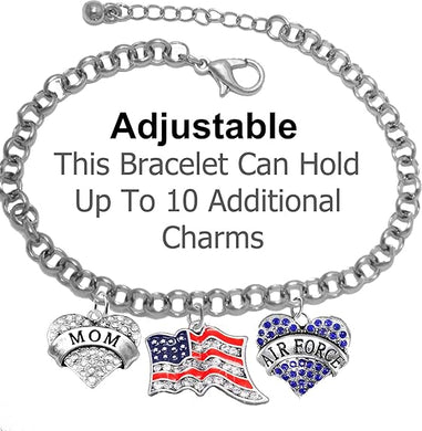 Air Force Mom, Crystal American Flag, Licensed Air Force Charm, Adjustable Rolo Chain Bracelet, Hypoallergenic, Safe-Nickel, Lead, Cadmium Free