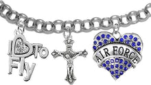 Air Force, I Love to Fly, Genuine Crystal, Crucifix, Adjustable Bracelet, Hypoallergenic, Safe-Nickel, Lead Free
