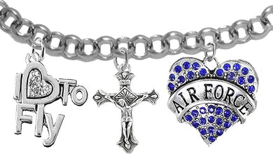 Air Force, I Love to Fly, Genuine Crystal, Crucifix, Adjustable Bracelet, Hypoallergenic, Safe-Nickel, Lead Free