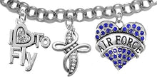 Air Force, I Love to Fly, Genuine Crystal, Beautiful Crystal Cross, Adjustable Bracelet, Hypoallergenic, Safe-Nickel, Lead Free