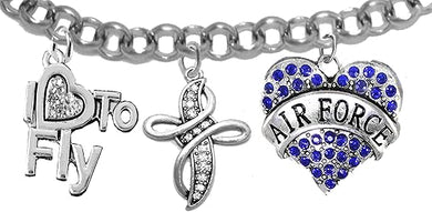 Air Force, I Love to Fly, Genuine Crystal, Beautiful Crystal Cross, Adjustable Bracelet, Hypoallergenic, Safe-Nickel, Lead Free